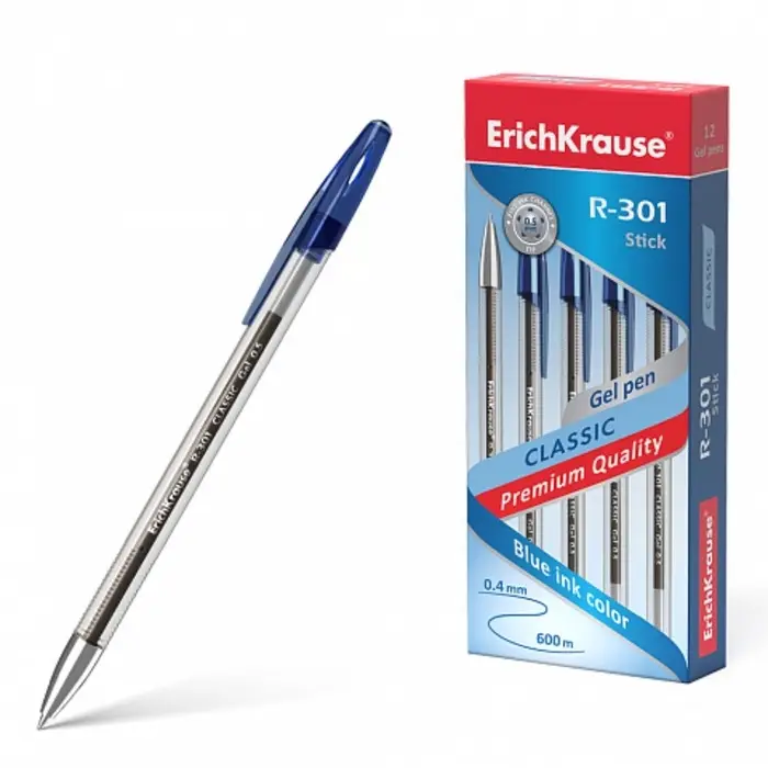 Ручка гелевая ErichKrause R-301 Classic Gel Stick, узел 0.5 мм, чернила синие, длина линии письма 600 метров