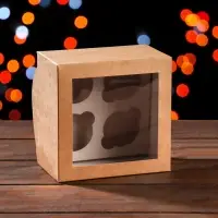 Упаковка на 4 мини - капкейка крафт с окном, 13×13×8 см