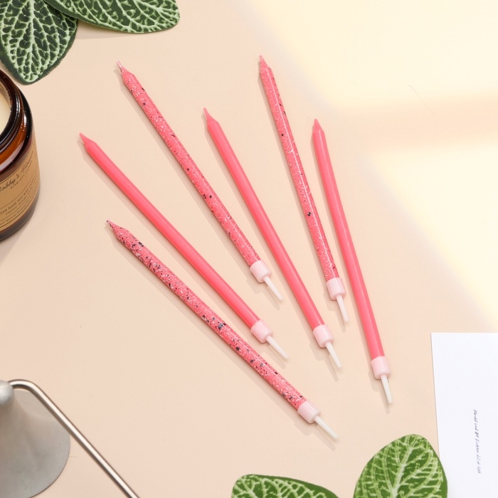 Свечи для торта Свечи для торта "Блестящая вечеринка", 6 шт, розовые, высокие