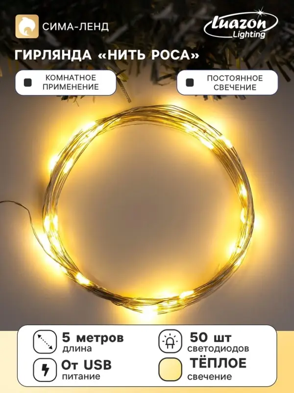 Гирлянда &laquo;Нить&raquo; 5 м роса, IP20, серебристая нить, 50 LED, свечение тёплое белое, USB