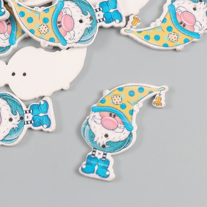 Пуговицы дерево для творчества 2 прокола Пуговицы дерево для творчества 2 прокола "Гном в колпаке в горох" набор 15 шт 2х4 см