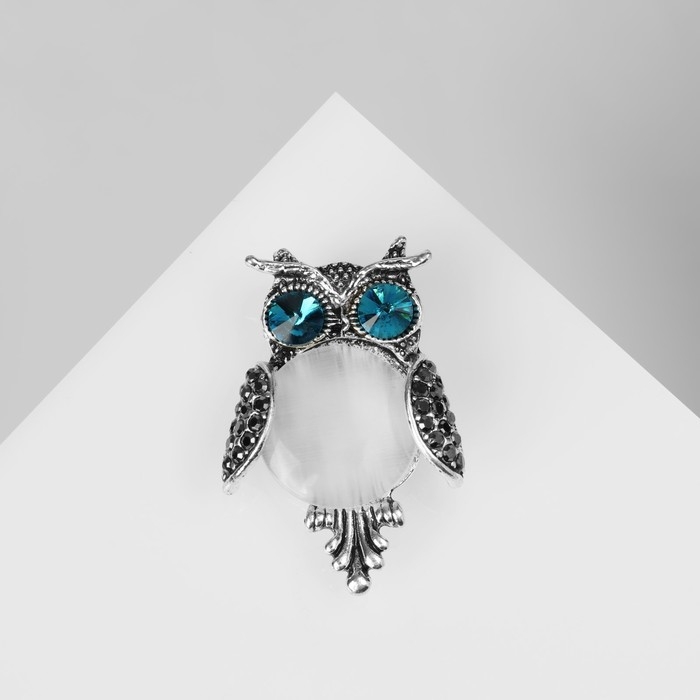 Брошь «Сова круглая», цвет бело-синий в чернёном серебре Брошь «Сова круглая», цвет бело-синий в чернёном серебре