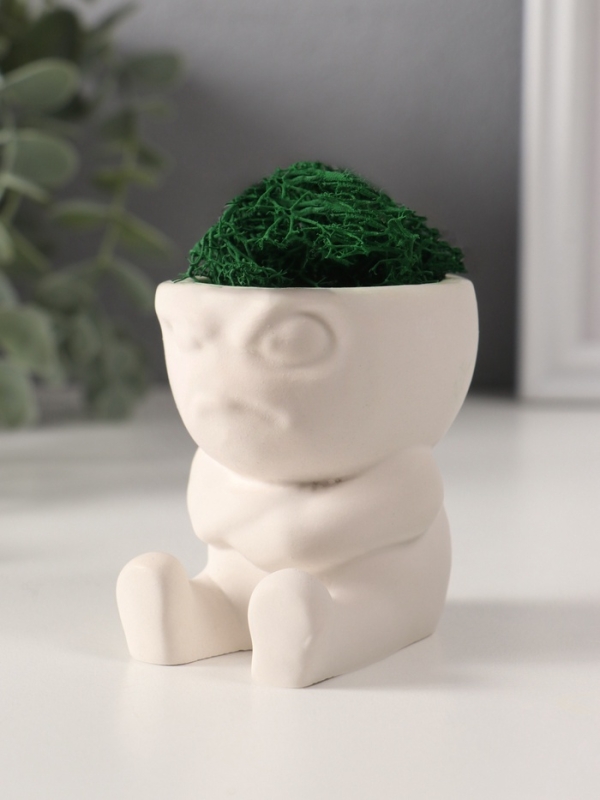 Кашпо бетонное  Кашпо бетонное "Мистер Зло" со мхом 7*6*6,5 см белый (мох зеленый стабилизированный)