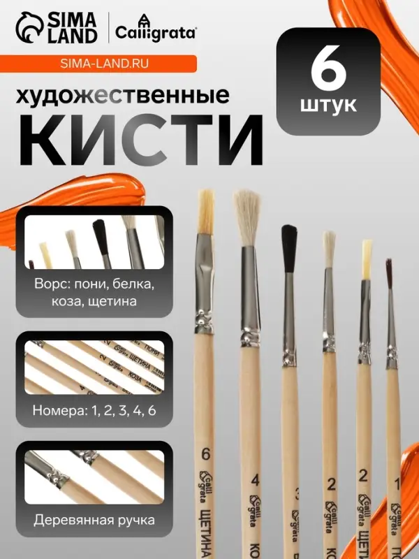 Набор кистей для рисования, пони, белка, коза, щетина, 6 штук: № 1, 2, 2, 3, 4, 6, Calligrata, круглые, плоские, ЭКОНОМ