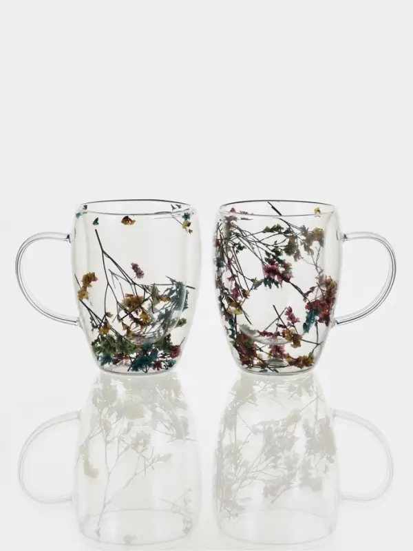 Набор кружек с двойными стенками Доляна &laquo;Сухоцвет&raquo;, 350 мл, 12.5&times;9&times;11.7 см, 2 шт., стекло, прозрачный