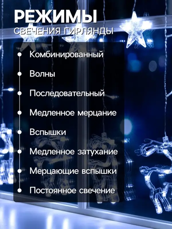 Гирлянда &laquo;Бахрома&raquo; 2.4&times;0.9 м с насадками &laquo;Олень&raquo;, IP20, прозрачная нить, 138 LED, свечение белое, 8 режимов, 220 В