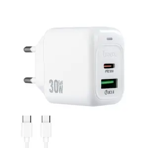 Сетевое зарядное устройство с кабелем Type-C на Type-C PD30W + USB QC3.0 CS55A HOCO белое