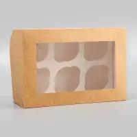 Коробка для 6 капкейков с окном, крафт, 25&times;17&times;10 см