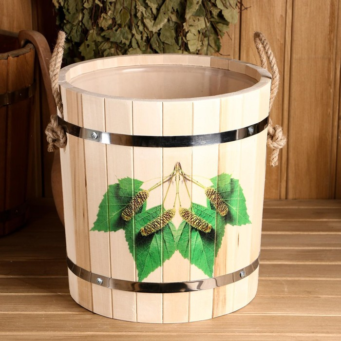 Запарник-ведро из липы, 13 л, пластиковая вставка, нержавеющий обод,  Запарник-ведро из липы, 13 л, пластиковая вставка, нержавеющий обод, "Берёзовые бруньки"
