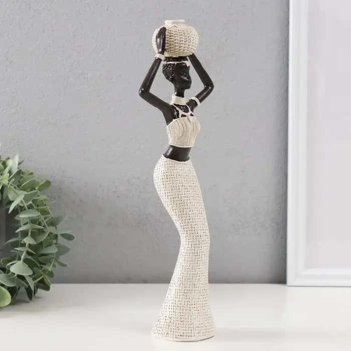 Сувенир полистоун "Африканка с плетёным круглым кувшином" белый 10х6х28 см