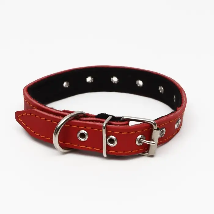Ошейник кожаный на синтепоне, безразмерный, 45&times;2 см, ОШ 18-39 см, красный