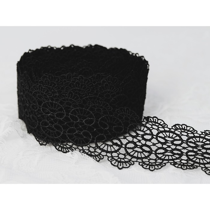 Кружево гипюровое, 65 мм × 6,8 ± 0,5 м, цвет чёрный Кружево гипюровое, 65 мм × 6,8 ± 0,5 м, цвет чёрный