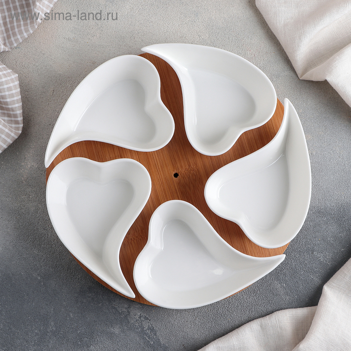 Набор соусников керамических на деревянной подставке «Эстет. Сердца», 5 предметов: 200 мл, цвет белый Набор соусников керамических на деревянной подставке «Эстет. Сердца», 5 предметов: 200 мл, цвет белый