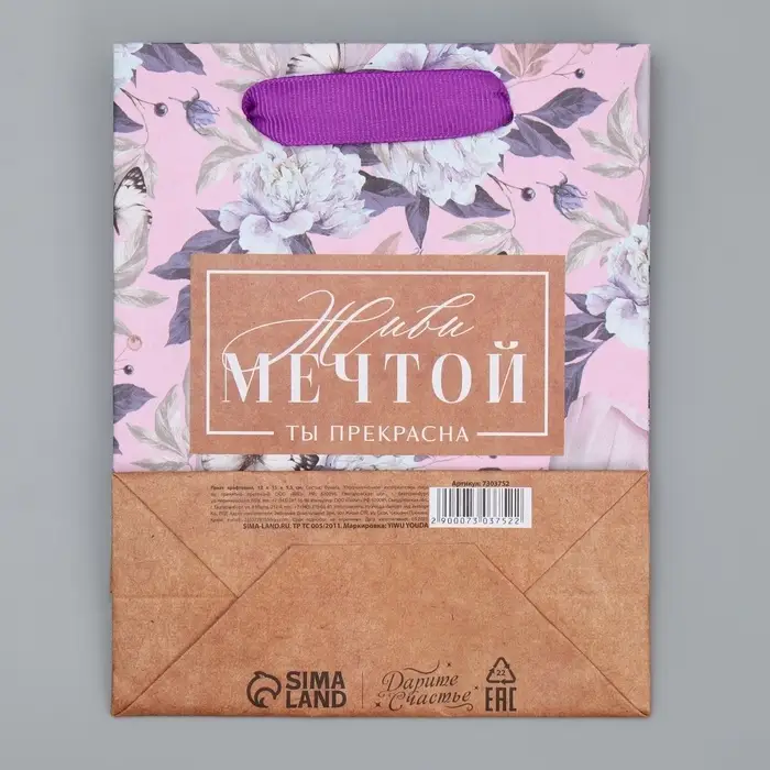 Пакет подарочный крафтовый, упаковка, «Живи мечтой», S 12 х 15 х 5.5 см Пакет подарочный крафтовый, упаковка, «Живи мечтой», S 12 х 15 х 5.5 см