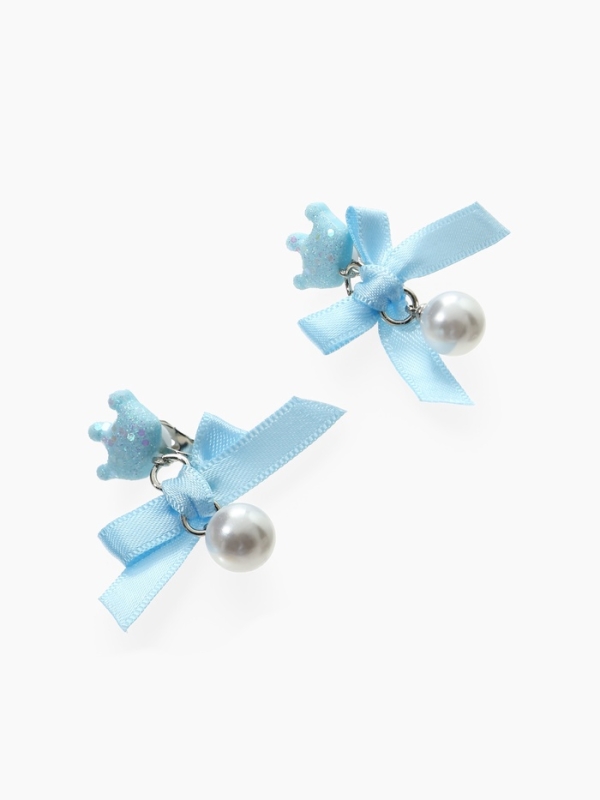 Серьги-клипсы детские  Серьги-клипсы детские "Выбражулька" корона с бантом и жемчужиной, цвет голубой-белый