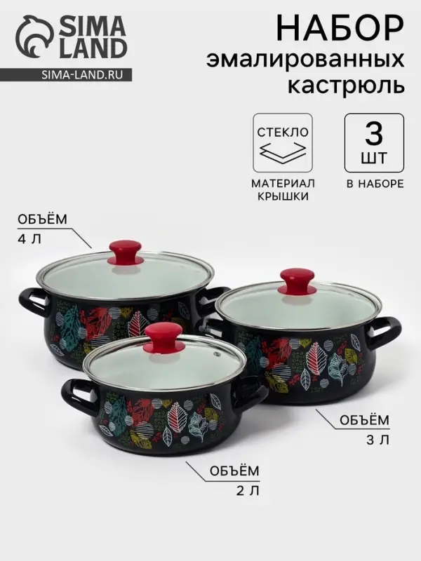 Набор кастрюль эмалированных &laquo;Лесная ягода-1-Экстра&raquo;, 3 предмета: 2 л, 3 л, 4 л, чёрный