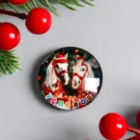 Магнит стекло  "Двойка белоснежных коней - С Новым годом" d=3,3 см