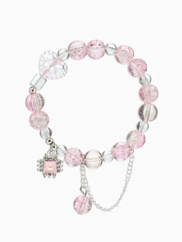 Браслет с подвесками "Сахарный" ромб, сердечко, шар №10, цвет бело-розовый в серебре