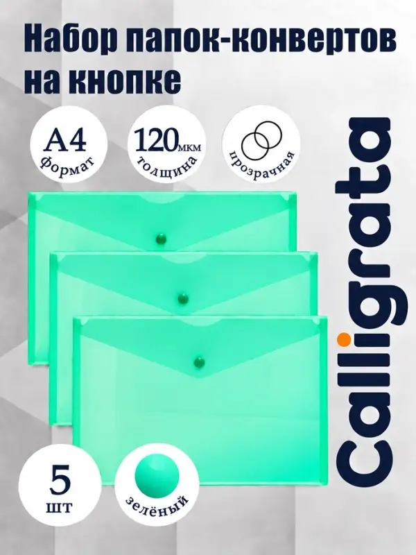 Набор папок-конвертов на кнопке 5 штук, А4, 120 мкм, Calligrata, прозрачные, зеленые