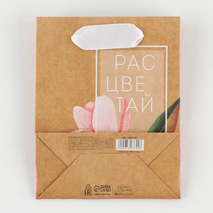 Пакет подарочный крафтовый, упаковка, &laquo;Расцветай&raquo;, S 12 х 15 х 5.5 см