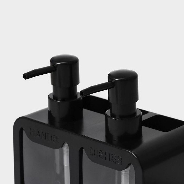 Двойной дозатор для мыла и моющего средства Raccoon, с губкой в комплекте, по 300 мл, цвет чёрный Двойной дозатор для мыла и моющего средства Raccoon, с губкой в комплекте, по 300 мл, цвет чёрный