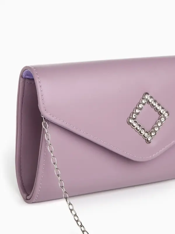 Сумка-клатч женская вечерняя на магните, на длинной цепочке, с декоративным элементом, однотонная, фиолетовая