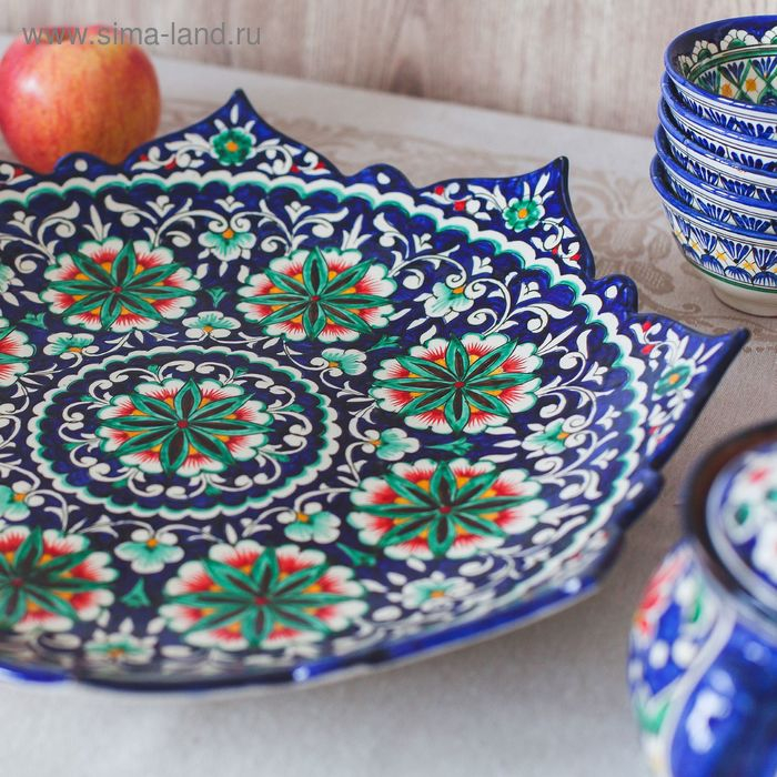 Ляган Риштанская Керамика  Ляган Риштанская Керамика "Цветы", 41 см, рифлёный, синий