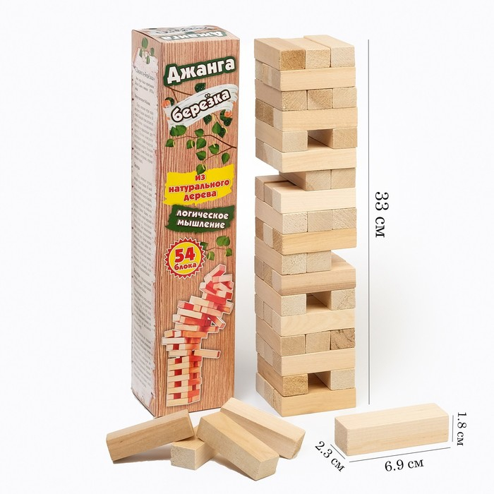 Падающая башня дженга, настольная игра  Падающая башня дженга, настольная игра "Березка" макси, 54 бруска, брусок 6.9 х 2.3 х 1.8 см
