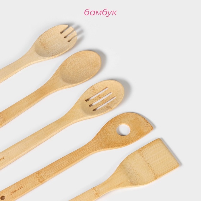 Набор кухонных принадлежностей Доляна «Бамбуковый лес», 5 предметов на подставке: 2 лопатки, 3 ложки Набор кухонных принадлежностей Доляна «Бамбуковый лес», 5 предметов на подставке: 2 лопатки, 3 ложки