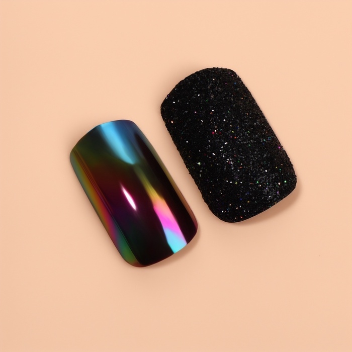 Накладные ногти «Ночь», 12 шт, с блёстками и голографией, с клеевыми пластинами, форма мягкий квадрат, чёрные