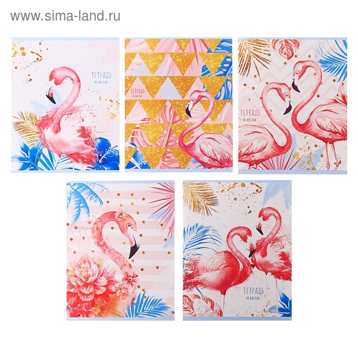 Тетрадь 48 листов в клетку Calligrata "Фламинго", обложка мелованный картон, УФ-лак, блок офсет, МИКС