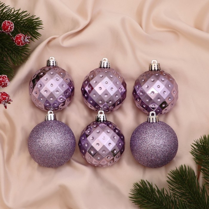 Набор шаров пластик d-6 см, 6 шт Набор шаров пластик d-6 см, 6 шт "Элит геометрия" сиреневый