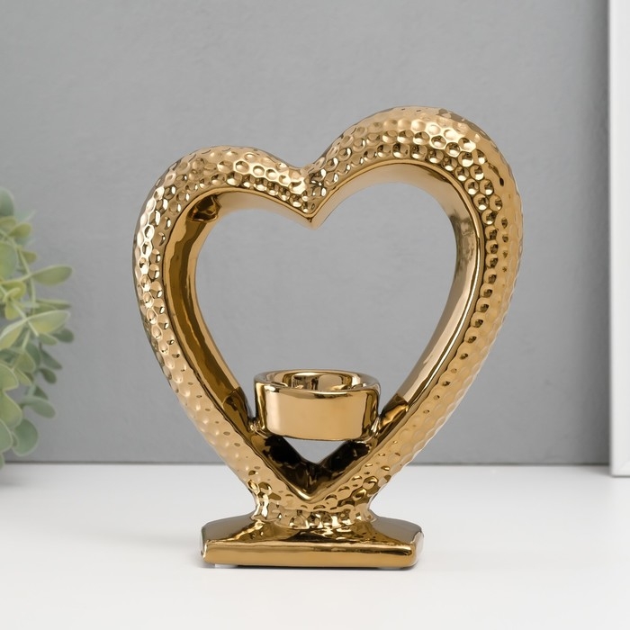 Подсвечник керамика на 1 свечу  Подсвечник керамика на 1 свечу "Сердце на подставке" d=4 см золото 17х5,5х19,5 см