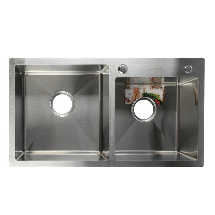 Мойка кухонная AFLORN AF97843-D, врезная, двойная, S=3,0 и 0,8 мм, 78х43х22 см, сифон, сатин Мойка кухонная AFLORN AF97843-D, врезная, двойная, S=3,0 и 0,8 мм, 78х43х22 см, сифон, сатин