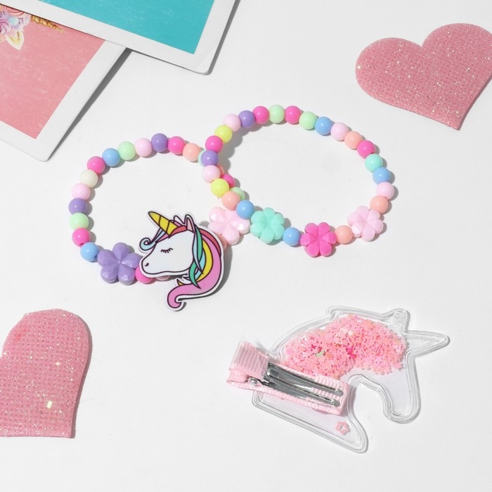 Комплект детский «Выбражулька» 3 предмета: заколка, 2 браслета, единорог, цветной Комплект детский «Выбражулька» 3 предмета: заколка, 2 браслета, единорог, цветной