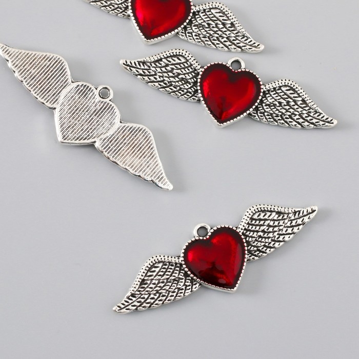 Декор для творчества металл Декор для творчества металл "Красное сердце крылья" серебро эмаль 5,3х1,8 см