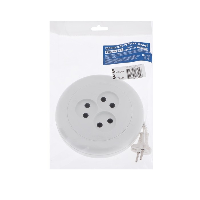 Удлинитель-рулетка Uniel, 3 розетки, 5 м, 6 А, 1300 Вт, ШВВП 2х0.75 мм2, без з/к, белый Удлинитель-рулетка Uniel, 3 розетки, 5 м, 6 А, 1300 Вт, ШВВП 2х0.75 мм2, без з/к, белый
