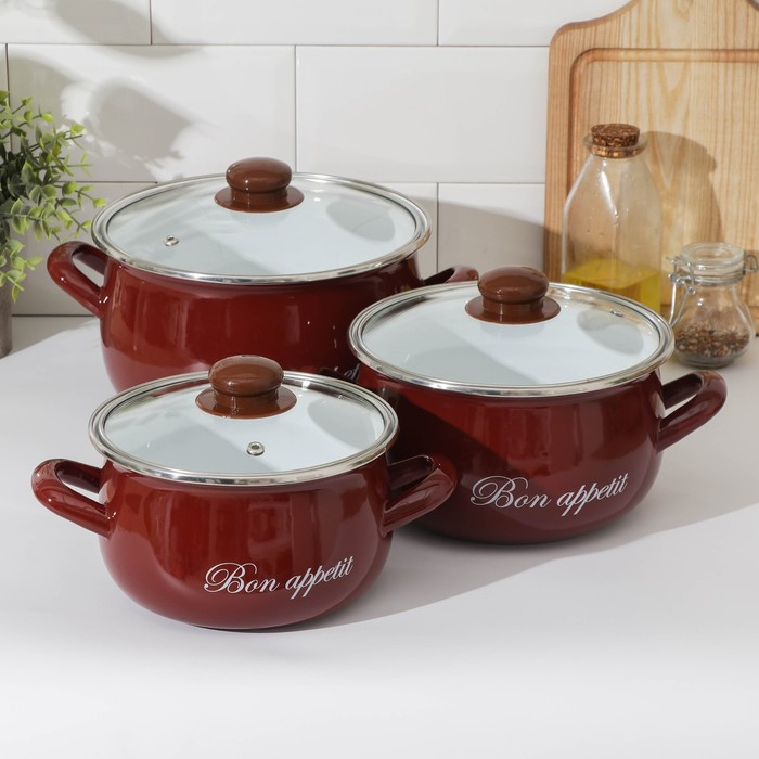 Набор эмалированных кастрюль «Бордо», 3 предмета: 2,1 л, 3,1 л, 4 л, индукция, цвет бордовый Набор эмалированных кастрюль «Бордо», 3 предмета: 2,1 л, 3,1 л, 4 л, индукция, цвет бордовый