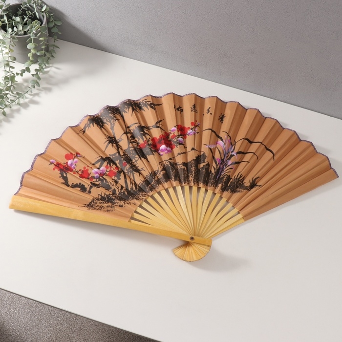 Веер бамбук, текстиль h=50 см  Веер бамбук, текстиль h=50 см "Веточка сакуры" бежевый