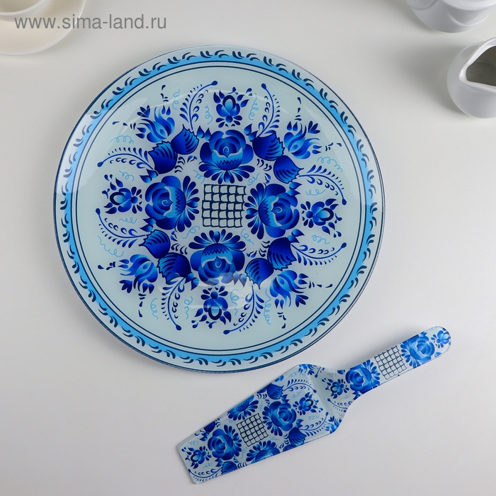 Тортовница стеклянная с лопаткой Доляна «Синева», d=30 см, лопатка 26,5×7 см Тортовница стеклянная с лопаткой Доляна «Синева», d=30 см, лопатка 26,5×7 см