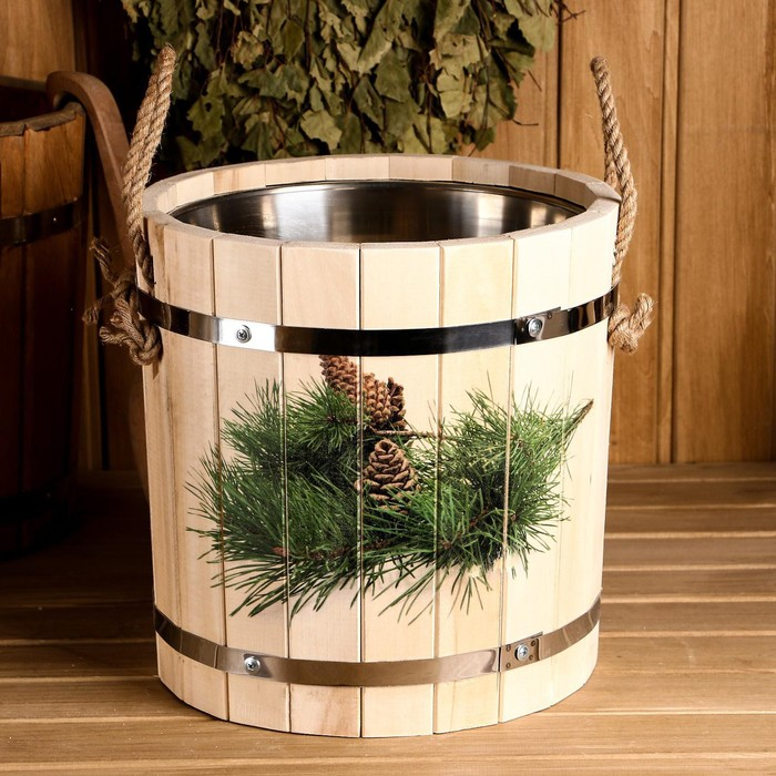 Запарник  из липы, 12 л, нержавеющая вставка, нержавеющий обод, веревки,  Запарник  из липы, 12 л, нержавеющая вставка, нержавеющий обод, веревки, "Еловая ветка"