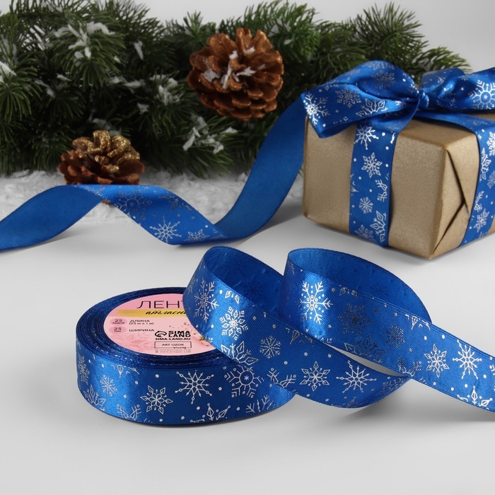 Новый год! Лента атласная с тиснением «Снежинки», 25 мм, 23 ± 1 м, цвет синий/серебряный №122 Новый год! Лента атласная с тиснением «Снежинки», 25 мм, 23 ± 1 м, цвет синий/серебряный №122