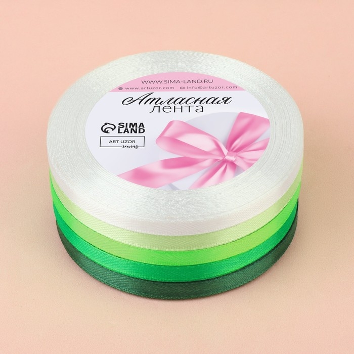 Набор атласных лент, 5 шт, размер 1 ленты: 6 мм × 23 ± 1 м, цвет зелёный спектр Набор атласных лент, 5 шт, размер 1 ленты: 6 мм × 23 ± 1 м, цвет зелёный спектр
