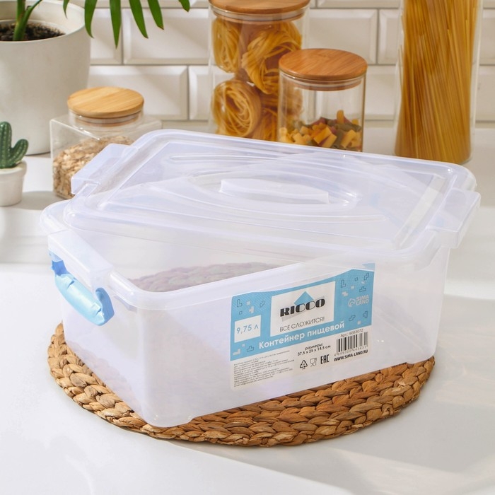Контейнер пищевой RICCO, 9,75 л, 37,5×25×14 см, прямоугольный, цвет прозрачный, ручки голубые