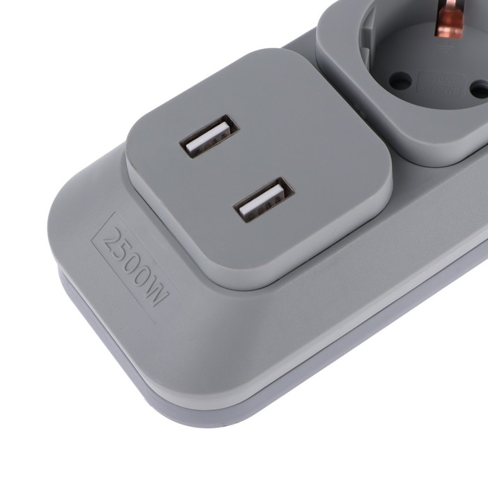 Сетевой фильтр Uniel Lux, 4 розетки, USB 2.1 А, 3 м, 10 А, 2500 Вт, ПВС 3х0.75, с з/к, серый Сетевой фильтр Uniel Lux, 4 розетки, USB 2.1 А, 3 м, 10 А, 2500 Вт, ПВС 3х0.75, с з/к, серый
