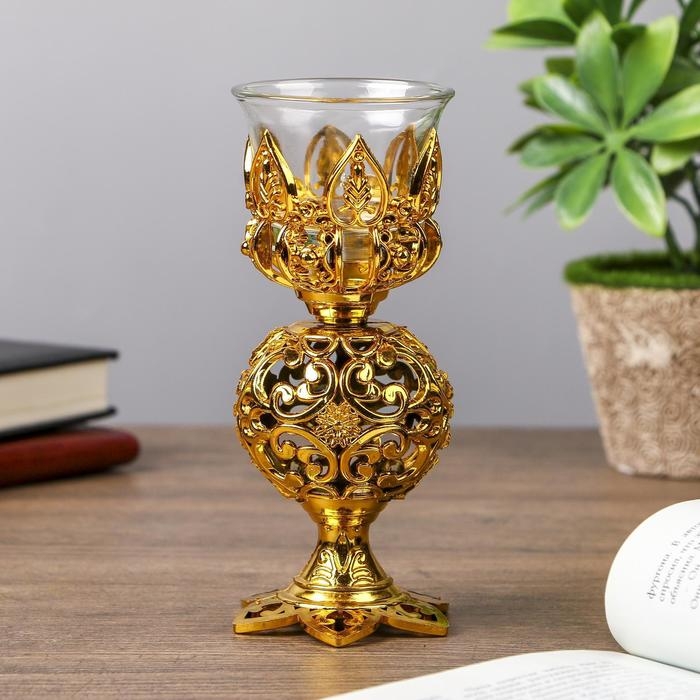 Подсвечник пластик, стекло на 1 свечу  Подсвечник пластик, стекло на 1 свечу "Ажурный шар" бокал на ножке золото 15х6х6 см