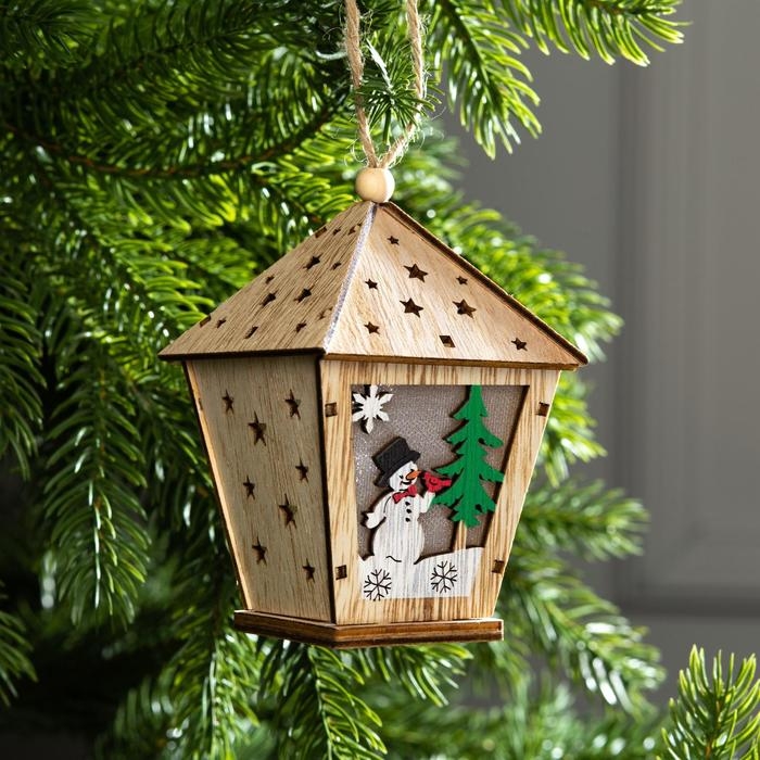 Ёлочная игрушка «Фонарь со снеговиком», от батареек, свечение тёплое белое Ёлочная игрушка «Фонарь со снеговиком», от батареек, свечение тёплое белое