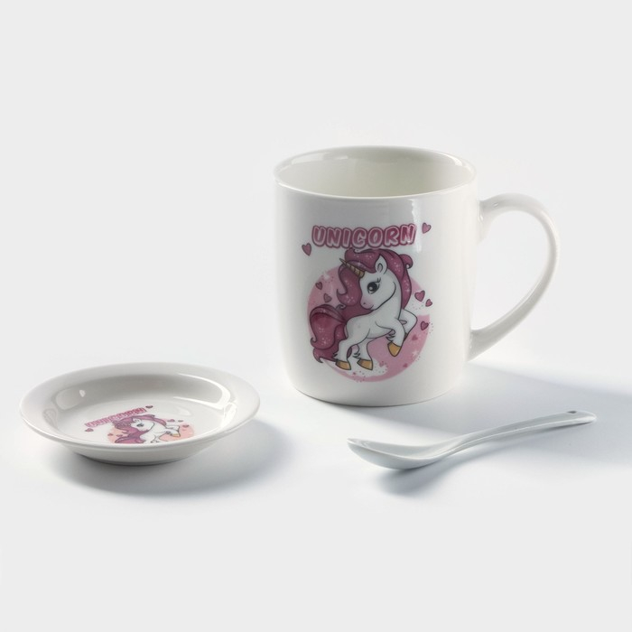 Кружка керамическая с подставкой и ложкой &laquo;Единорог в мечтах&raquo;, 330 мл, рисунок МИКС