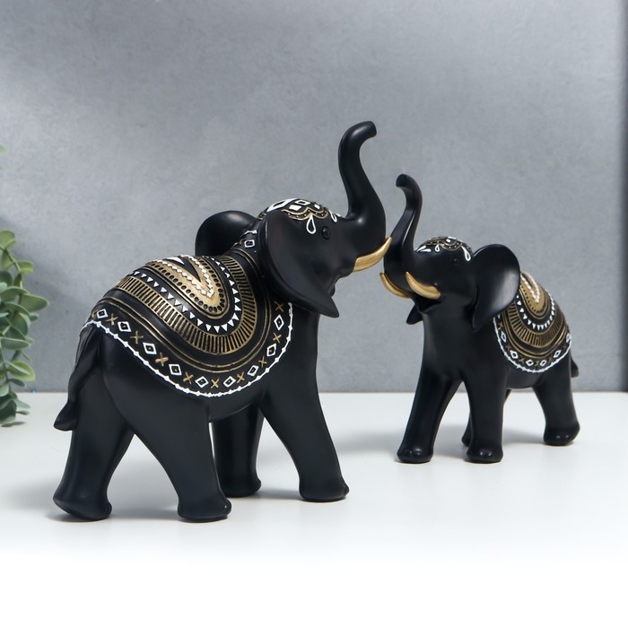 Сувенир полистоун Сувенир полистоун "Индийские чёрные слоны с узором на попоне" н-р 2шт 18х7х17 21,5х8,5х21 см 73555