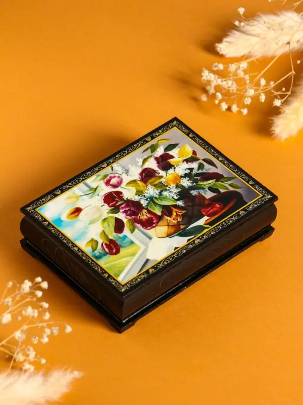 Шкатулка «Цветы в корзине», 10×14 см, лаковая миниатюра